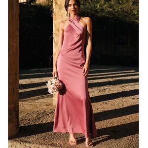 Petal & Pup Mila Halterneck Maxi Dress Womens S Pink Satin Formal Gown Wedding